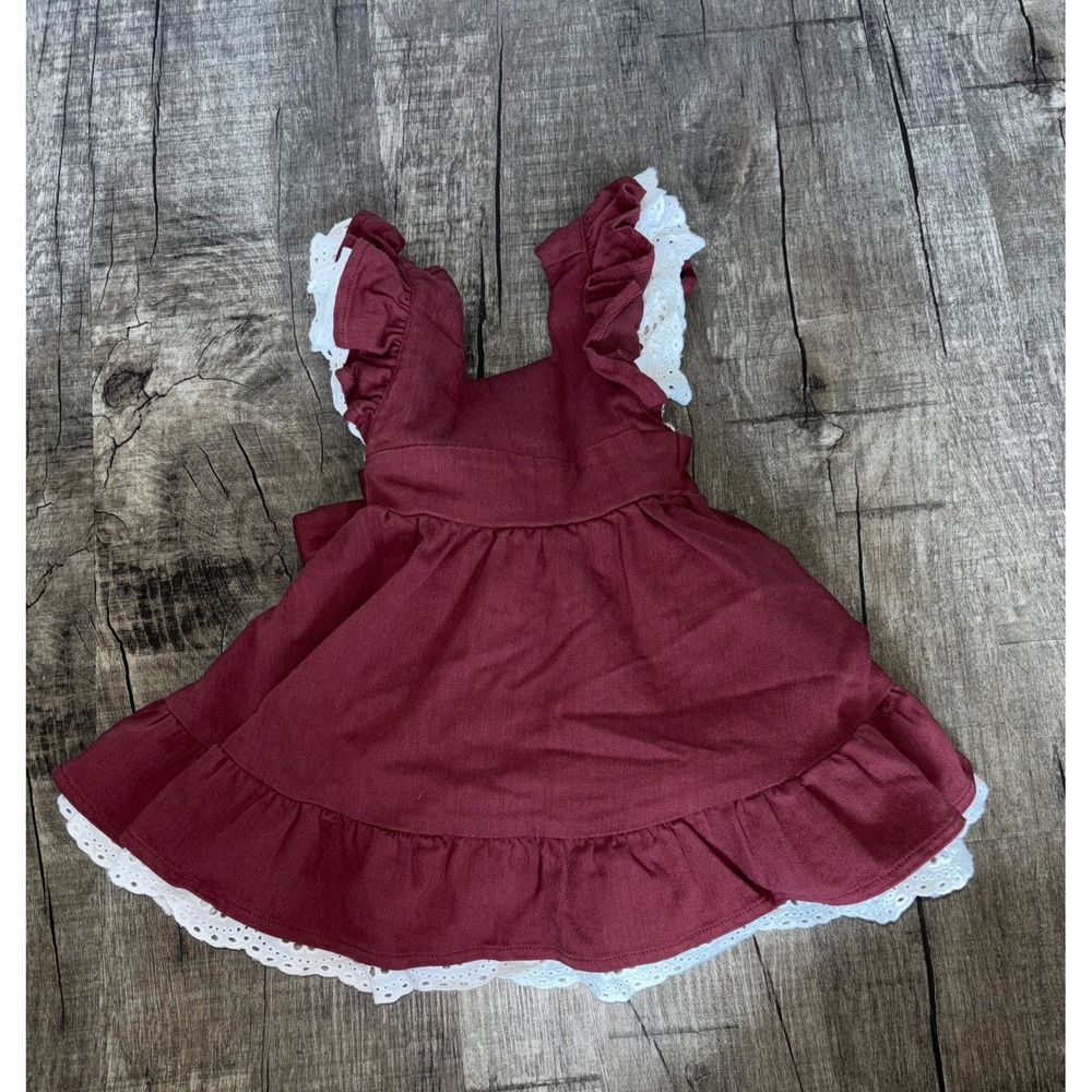 Bug A‎ Boutique Burgundy Eyelet Lace Ruffle Pinafore Dress Baby Girls 6M Wine
